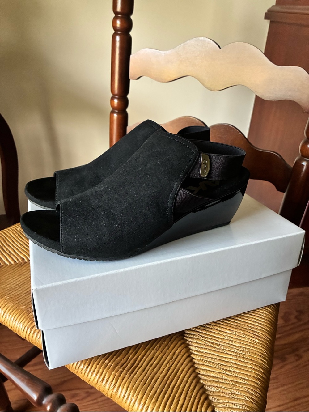 Anne Klein SPORT Black Suede Wedge Peep-Toe Sandals - Women size 9